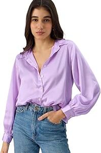 Lilac Cider Women and Girls Long Sleeve Collared Neck Button Front Solid Regular Fit Polyester Satin Shirts