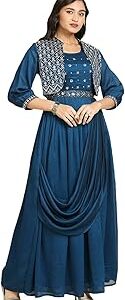 madhuram Women's Long Gown for Solid Silk with Heavy Embroidery and Hand Work Belt and Jacket with Round Neck Gown(M-2424)