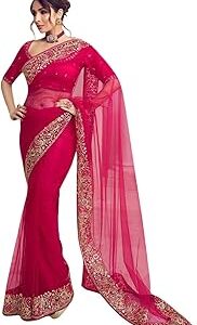 Women's Net Sequin Embroidery Saree with Blouse Piece Indian Sarees for Women