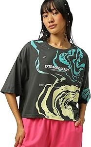 Women's Graphic Printed Oversized Fit Half Sleeve Round Neck Cotton Short Top