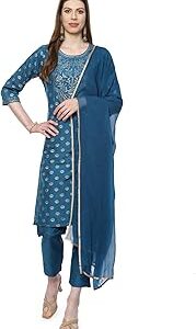 Women Teal Art Silk Straight Kurta Slim Pant Suit Set