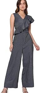Navy Tencel Striped Basic Jumpsuit with Ruffles