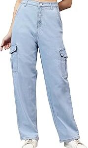 Women's Solid Cotton Lycra Blend High Rise Straight Fit Cargo Jeans