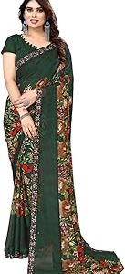 Women's Printed Trendy Georgette Green Color Saree With Blouse Material
