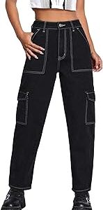 Womens Solid High Waist Cargo Jeans