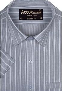 Men's Breathable Cotton Linen Half Sleeves Striped Regular Fit Shirt (O_GCR426)