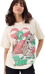 Official Tom and Jerry: Boom! Women and Girls Short Sleeve Round Neck Off-White Graphic Printed Cotton Oversized Fit T-Shirts Oversized T Shirts for Women T-Shirt Girls Cotton