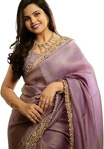 Women's Silver Tissue Silk Ethnic Saree With Unstiched Blouse Piece For Festival And Function.