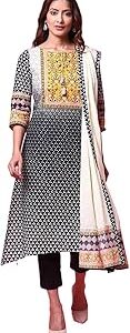 Women Black Cotton A-Line Kurta Slim Pant Suit Set