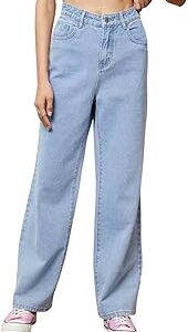 Womens Straight Button Solid Baggy Jeans