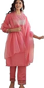 Women's Silk Blend Sequins Yoke Design Straight Kurta Pant With Dupatta