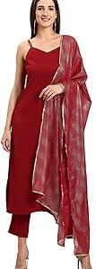 Women's Maroon Poly Crepe Kurta With Pant And Dupatta