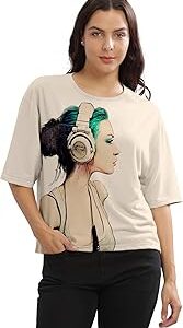 Beige Printed Loose Fit Crew-Neck Crop T-Shirt for Women
