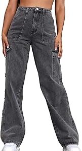 Women's Solid High Rise Relaxed Fit Cargo Jeans