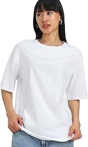 Pure Cotton Oversized Baggy Fit Half Sleeve Drop Shoulder Plain Solid Round Neck T-Shirt for Women (Available in Black, White, Lilac, Cork, Maroon, Royal Blue, Swan White, Soap Nut Colors)