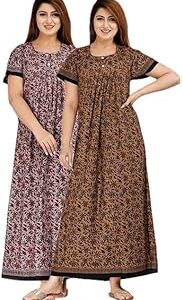Nighty for Women Cotton Printed Maxi Gown Ankle Length Nighty Night Dress Gown for Women Maxi - Free Size (Pack of 2)