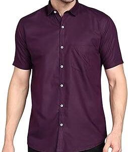 Men's Regular Cotton Blend Slim Fit Solid Button Down Spread Collar Half Sleeve Curved Hemline Formal Shirt with One Pocket