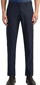 Men's Blue Textured Mid Rise Polyester Button Tapered Fit Flat Front Slant Pocket Trousers