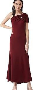 Women's Maroon One-Shoulder Half Sleeve Solid Ruching Maxi Dress