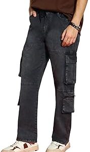Men's Loose Baggy Fit Travel Cargo Jeans with 8 Pockets Stretchable