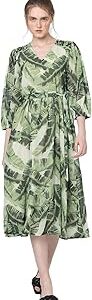 Tropical Printed Puff Sleeve Midi Dress
