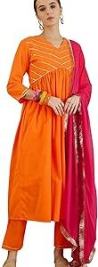 Women's Solid Pure Cotton Calf Length A-Line Kurta Pant With Dupatta Set (Kh0Or5524)