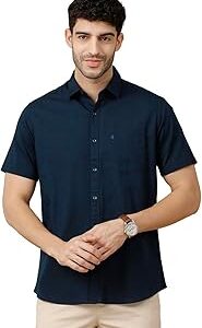 Men's Blended Linen Blue Solid Contemporary Fit Half Sleeve Casual Shirt
