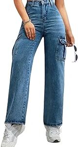 Fashion High Waist Cargo Denim Jeans for Women Wide Leg Stretchable Straight Fit Jeans(WJ21-1214)