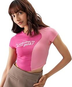 Official Mean Girls: Wednesdays We Wear Pink Women and Girls Short Sleeve Round Neck Pink Graphic Printed Cotton Blend Slim Fit Cropped Tops