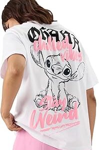 Official Lilo & Stitch: Ohana Women and Girls Short Sleeve Round Neck White Graphic Printed Cotton Oversized