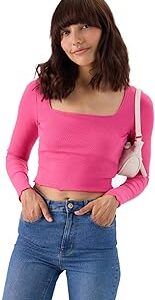 Ribbed Top Women and Girls Square Neck Cotton Blend Full Sleeves Tops