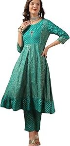 Turquoise Rayon Printed Anarkali Kurta with Pant | Kurta Set for Women