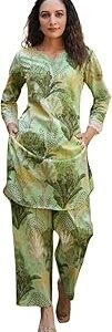 Women's Cotton Blend Green Printed V-Neck Co-ord Set | Daily & Casual Wear