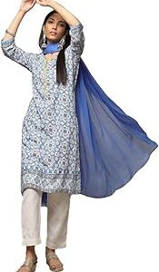 Women Blue Rayon Straight Kurta Pant Suit Set