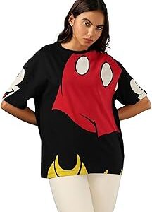 Official Disney Merchandise Women's Graphic Print Oversized Fit Half Sleeve Round Neck Cotton T-Shirt