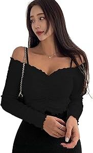 Women's Purple Solid Colour Open Cold Off Shoulder Long Sleeve Lettuce Hem Casual Autumn Trim Tight- Slim Fitting Ruched Front Ladies' Camisole Top, Tee, T-Shirt (T-Shirt 184)