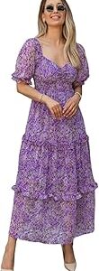 Women's Floral Puff Sleeve High Waist A Line Flowy Long Dress