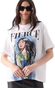Mulan: Fierce Womens Oversized Fit Graphic Printed Half Sleeve Cotton White Women Oversized T-Shirts