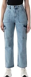 Women's Elasticated Waistband Jeans with Cargo Pockets - High-Rise | 6 Pocket Styling | Jeans for Women