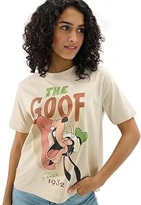 Official Disney: The Goof Women and Girls Short Sleeves Round Neck Off White Graphic Printed Regular Fit Cotton T-Shirts