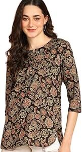 Women's Floral Printed Cotton Top - Stylish Long Top with Mandarin Collar, Perfect for Jeans, Ideal for Casual & Ethnic Wear
