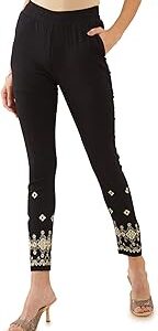 Black Viscose Solid Machine Embroidery Pant