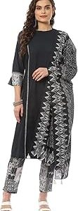 Women Charcoal Cotton A-Line Kurta Slim Pant Suit Set
