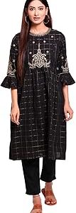 Women Black Metallic Cotton Straight Kurta Slim Pant Suit Set