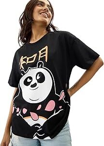 Official Kung Fu Panda: Wisdom Women and Girls Short Sleeve Round Neck Black Graphic Printed Cotton Oversized T-Shirts