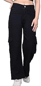 Women's Trendy Relaxed Casual Wear Urban Chic Solid Denim High Waist Baggy Wide Leg 6 Pocket Straight Fit Cargo Pant Jeans
