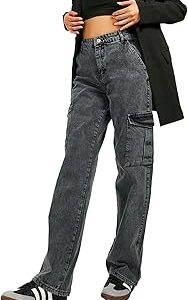 Women's Solid High Waist Cotton Lycra Blend Cargo Jeans