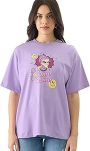 Don't Care Club Women and Girls Short Sleeve Round Neck Purple Graphic Printed Cotton Oversized Fit T-Shirts Oversized T Shirts for Women T-Shirt Girls Cotton Casual Half Sleeves