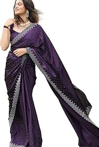 Women's Hot Fix Solid Color Satin Moss Saree with Unstitched Blouse Material