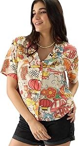 Tom and Jerry: New Year Women and Girls Short Sleeve Collared Neck Button Front Multicolor All Over Print Regular Fit Summer Shirts